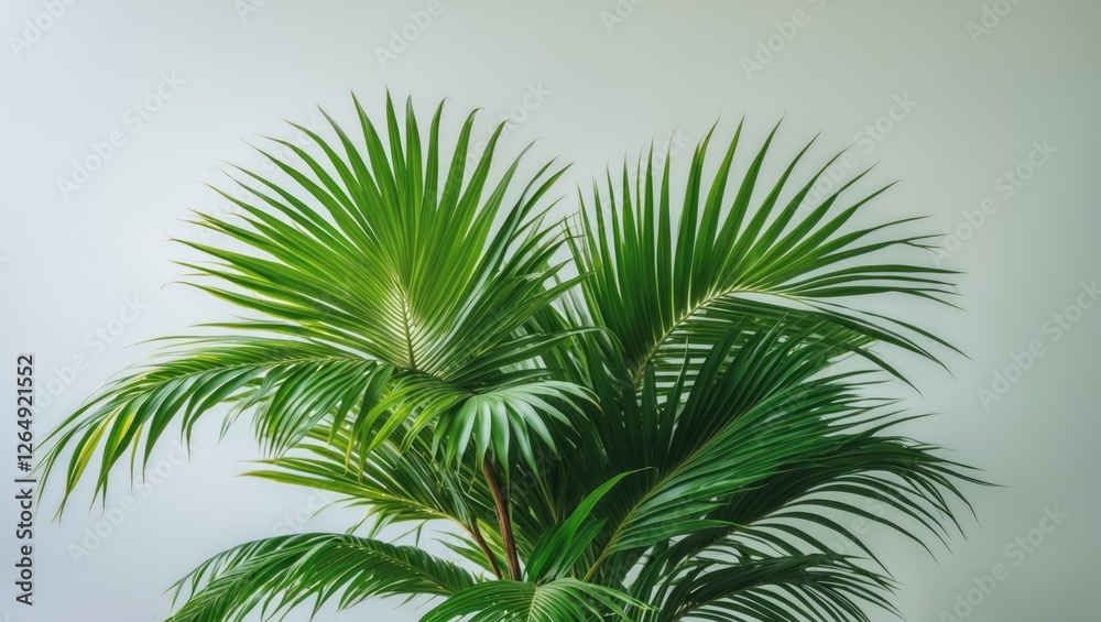 Poster tropical green palm plant isolated on light background with ample copy space for text placement