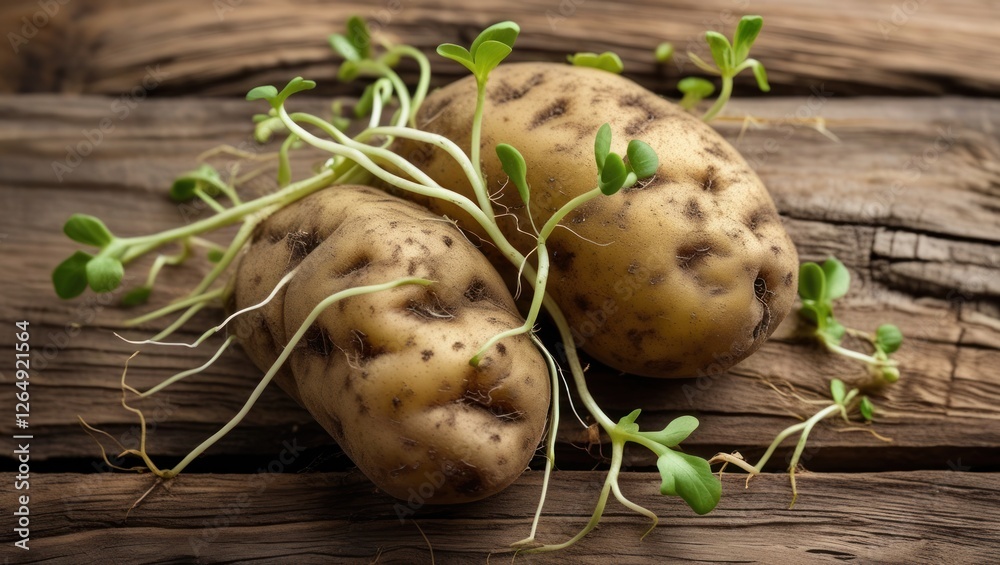 Poster sprouting potatoes with green shoots on rustic wooden surface in natural light with copy space