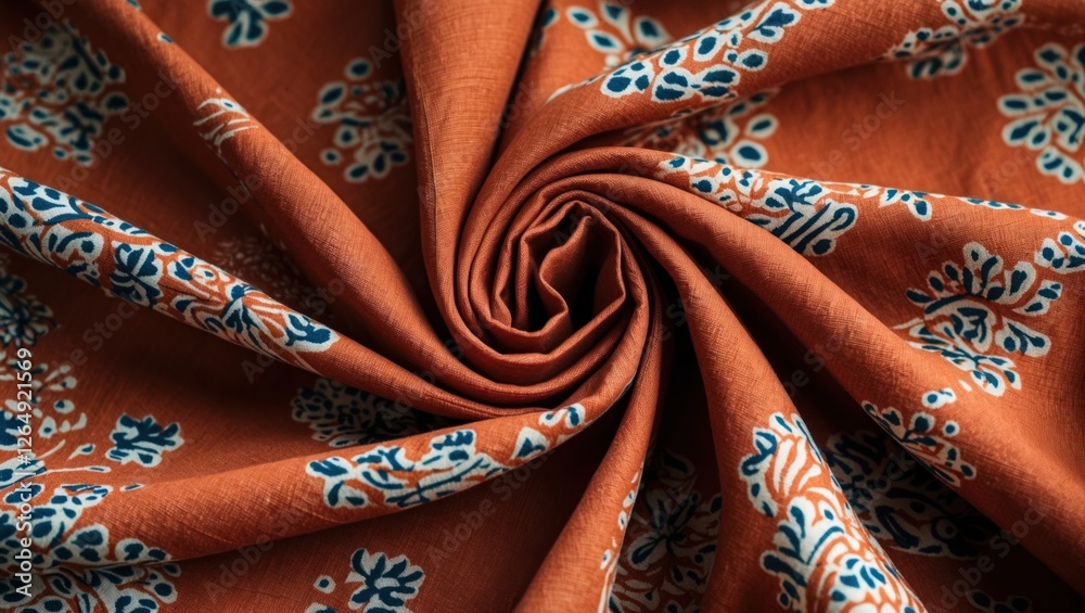 Poster Orange floral printed fabric textile with blue patterns folded in a spiral shape showing texture and detail Copy Space