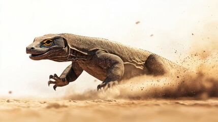 Komodo dragon running in desert sand, dust cloud background, wildlife photography