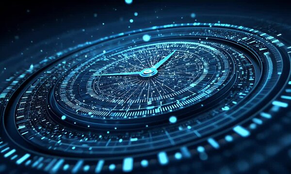 Futuristic glowing clock with intricate details spinning in space.
