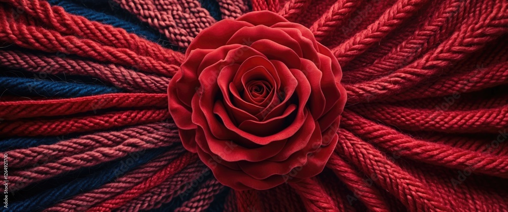 Aufkleber Red rose flower on textured red and blue thread background with ample copy space for text placement