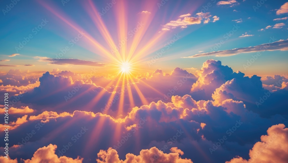 Aufkleber Sunrise over fluffy clouds with vibrant rays of sunlight illuminating the sky and creating a colorful atmosphere Copy Space
