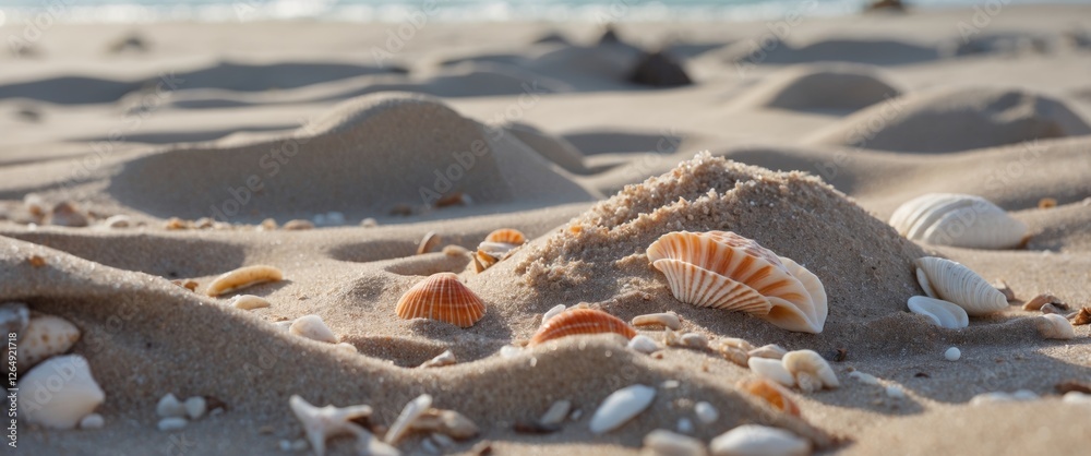 Poster Close-up view of various seashells on sandy beach with gentle dunes and blurred ocean background Copy Space