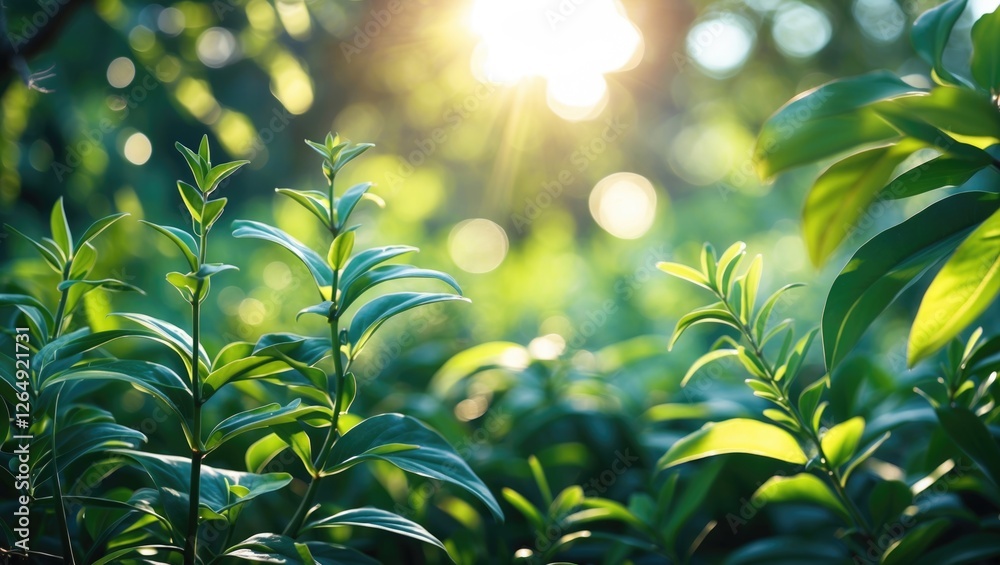 Poster close-up of fresh green leaves with sunlight filtering through foliage in a natural setting copy spa