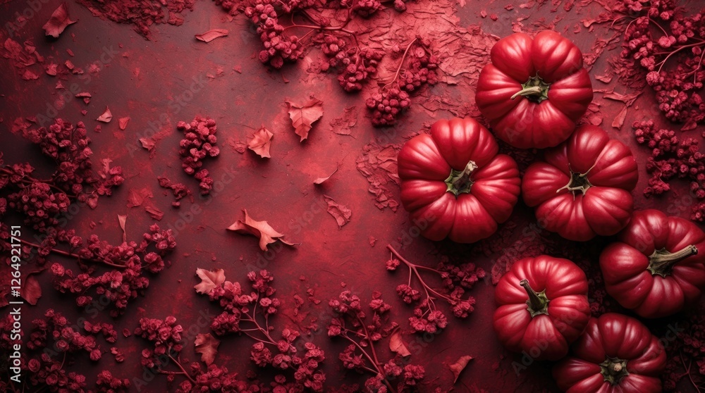 Aufkleber Red tomatoes arranged on a textured red background with leaves and berries, creating a monochromatic and vibrant composition with Copy Space.