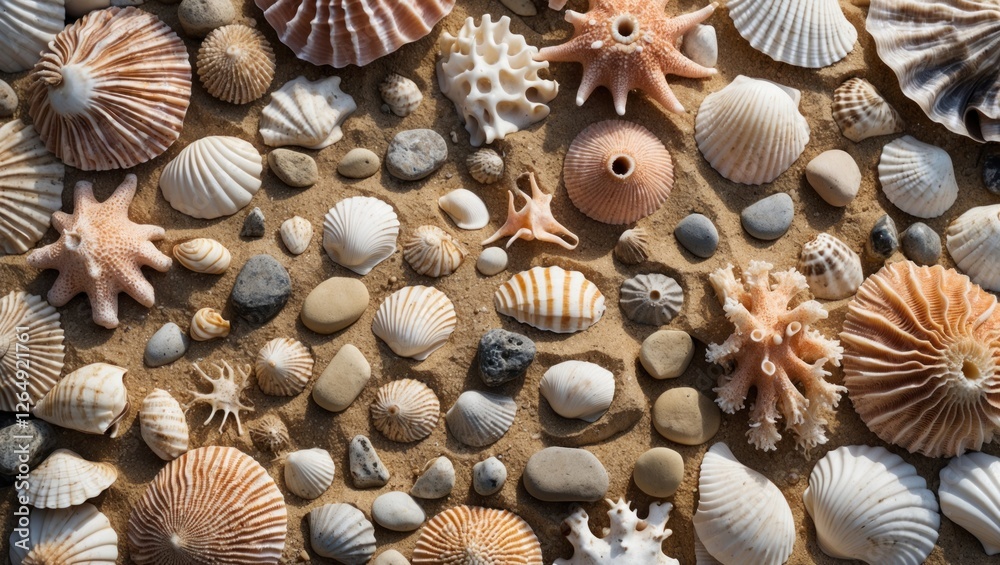 Poster variety of seashells and pebbles on sandy beach background with natural textures and colors copy spa