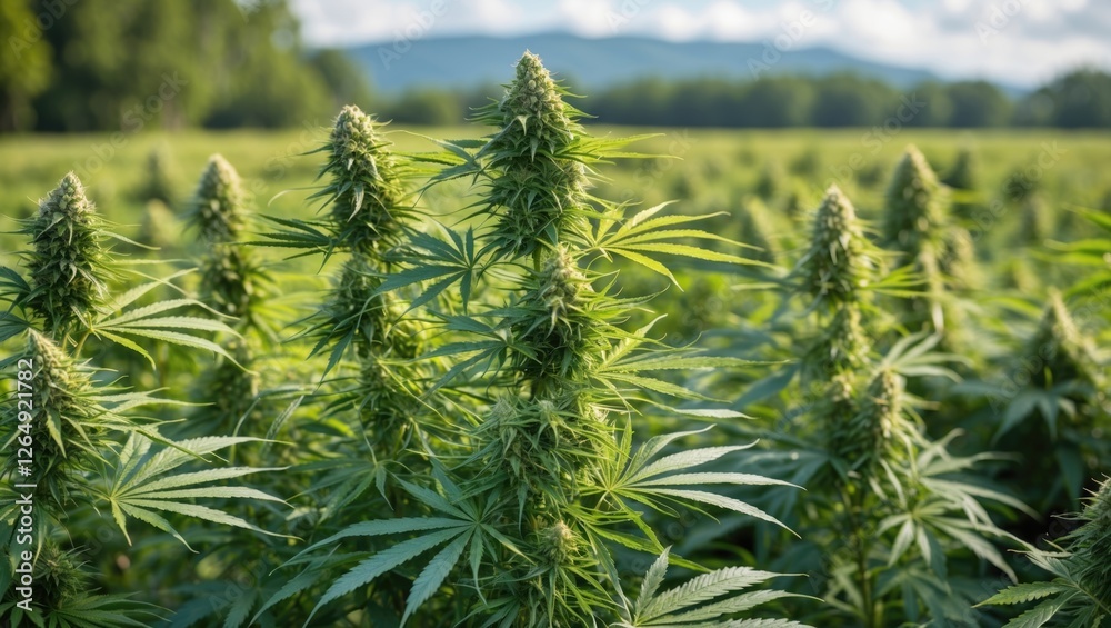 Poster close-up of cannabis plants with dense buds in a field under natural sunlight with mountains in the 