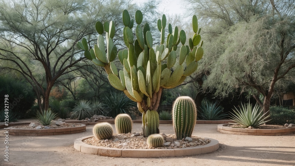 Poster cactus garden with various types of cacti surrounded by gravel and desert vegetation in a landscaped