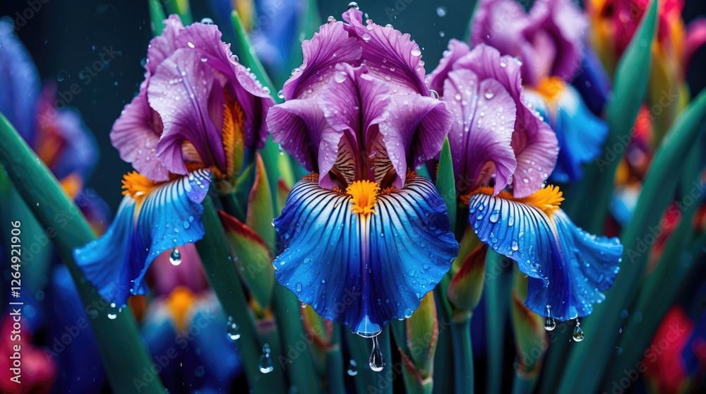 Poster vibrant irises with droplets on petals captured in a natural setting showcasing rich colors and text