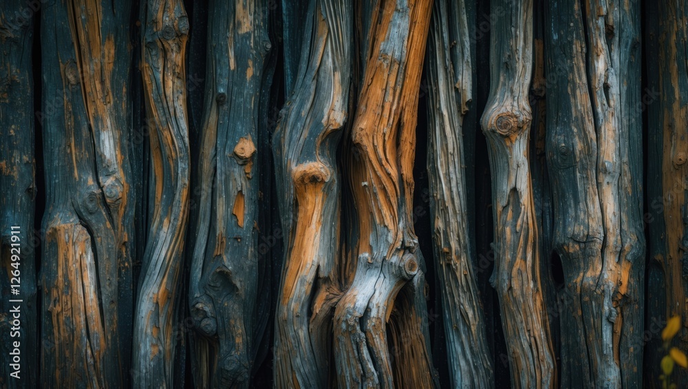 Poster Textured background of weathered wooden logs with varying shades and patterns suitable for design and artistic projects. Copy Space