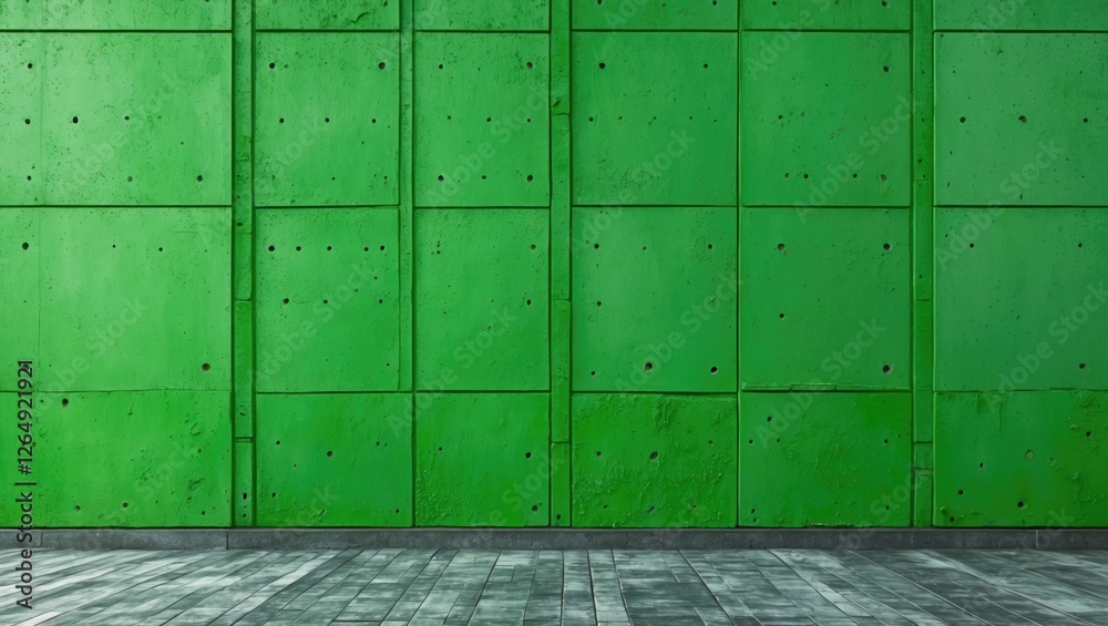 Poster textured green wall with concrete panels and wooden floor interior design empty space for design and