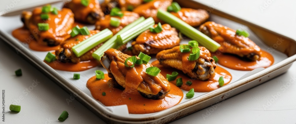Poster buffalo chicken wings drizzled with sauce on a baking tray garnished with celery and green onions on