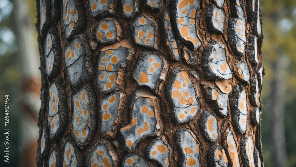 Poster close-up of textured tree bark with orange lichen patterns and natural wood grain, suitable for natu