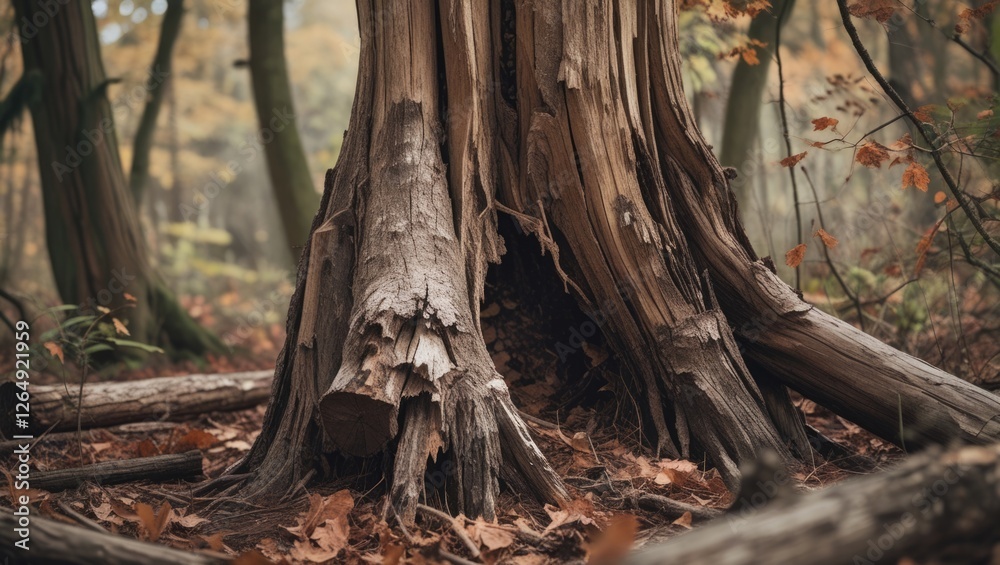 Poster Close-up of weathered tree trunk with exposed roots and autumn leaves in a forest setting Copy Space