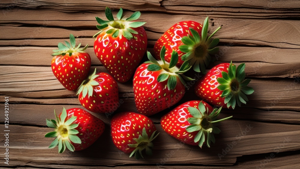 Poster fresh strawberries arranged on a rustic wooden surface with natural lighting showcasing their vibran