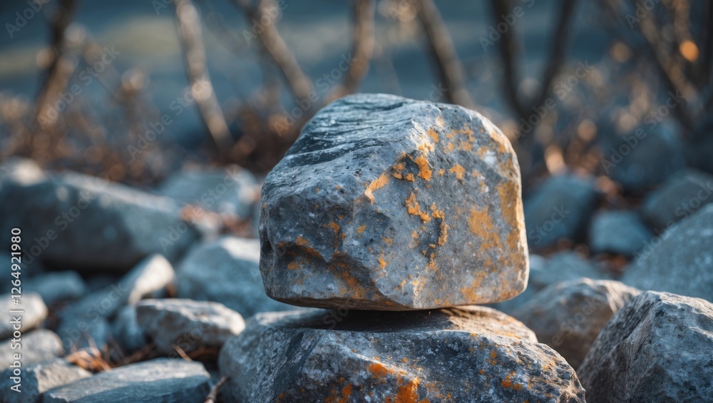 Poster Balanced rock on a pile of stones with natural outdoor background in soft light showcasing texture and color variations Copy Space