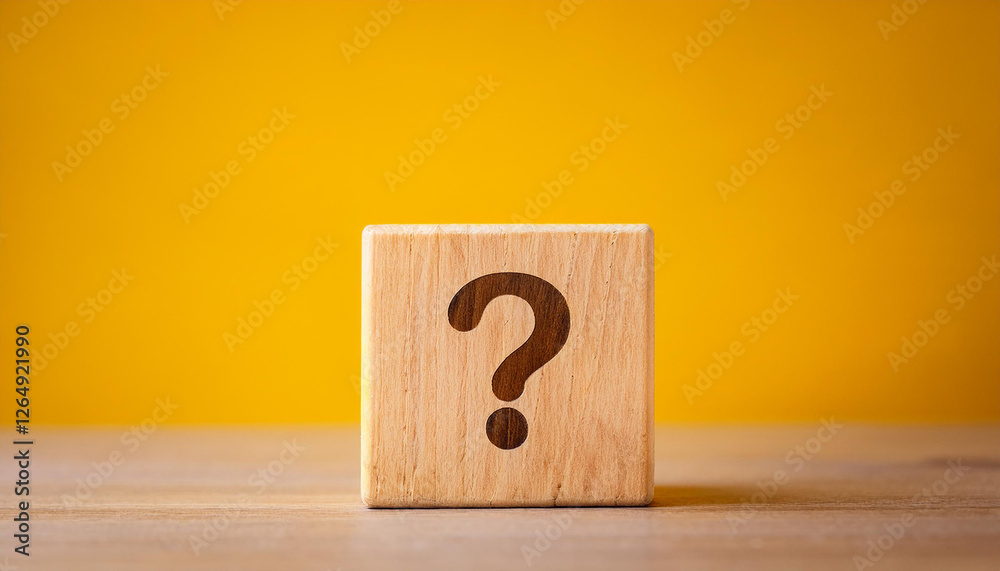 Poster wooden cube with question mark against yellow background. faq and qa. problem solution.