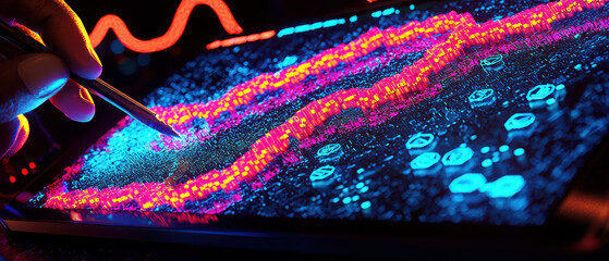 A vibrant digital display shows colorful waveforms and signals, with a hand interacting with the touchscreen interface.