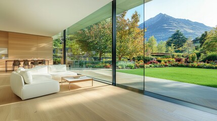 Fototapeta premium Modern Minimalist Living Room with Panoramic Garden Mountain View