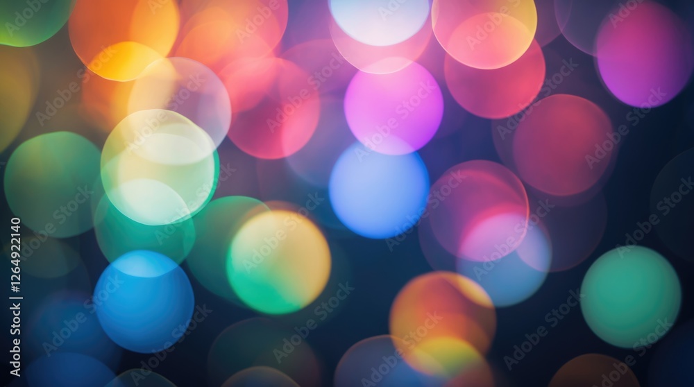 Poster Colorful bokeh background pattern with soft circular lights in multiple hues and blurred effect Copy Space