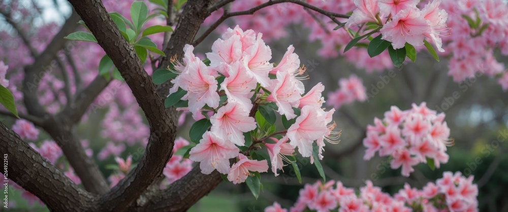 Aufkleber Pink azalea flowers blooming on a tree branch in a garden setting with blurred background, ample copy space for text placement.