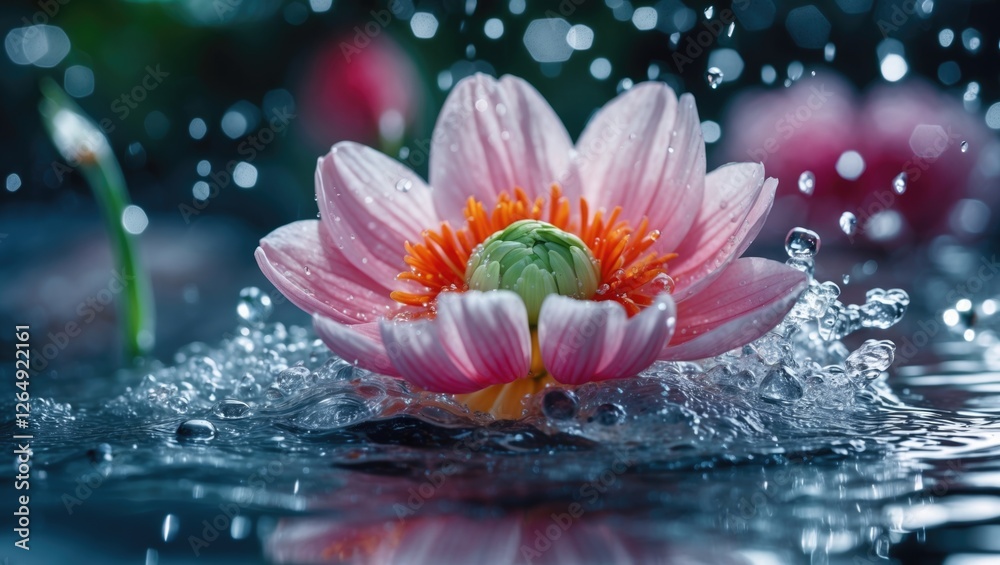 Poster pink water lily blooming in a pond with splashes of water droplets creating a dynamic and vibrant na