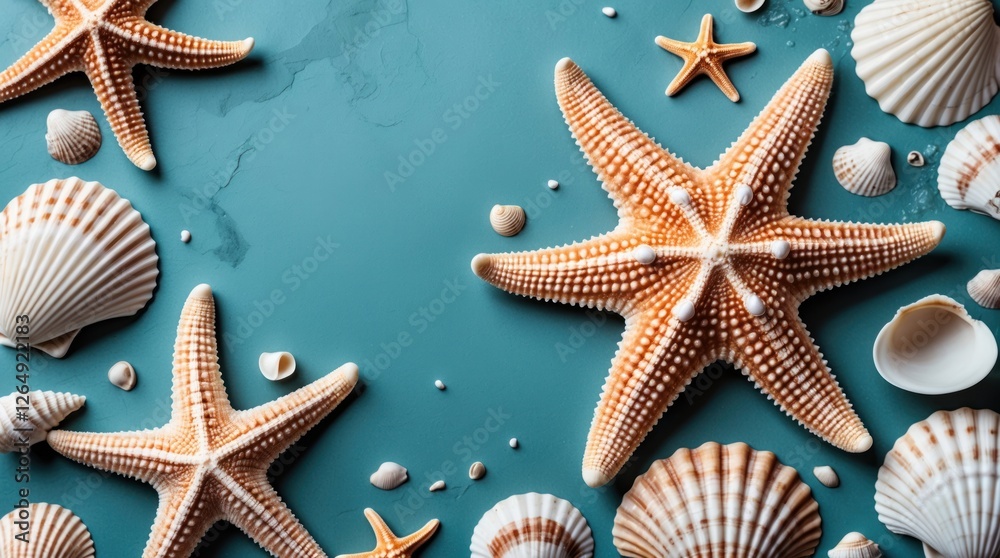 Aufkleber Starfish and seashells arranged on a teal background with natural textures and patterns suitable for marine or beach themes Copy Space