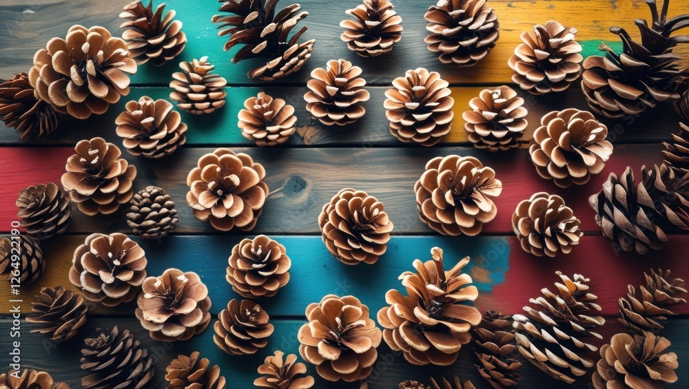 Aufkleber Assorted pine cones arranged on a colorful wooden surface with copy space for text insertion