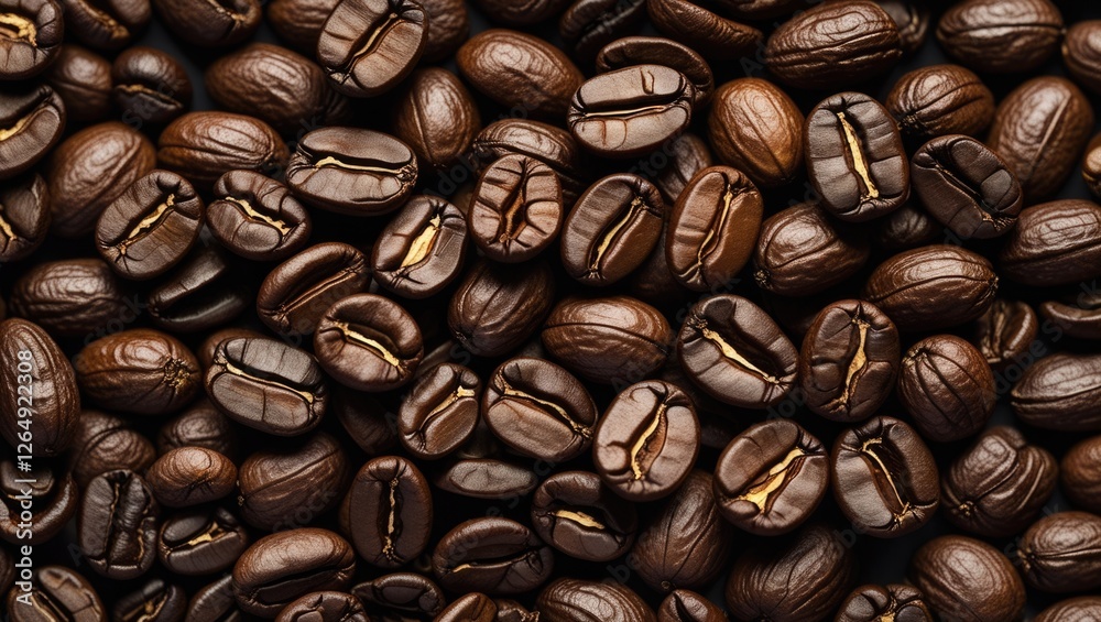Poster Close-up of roasted coffee beans with varying textures and shades on a dark background Copy Space