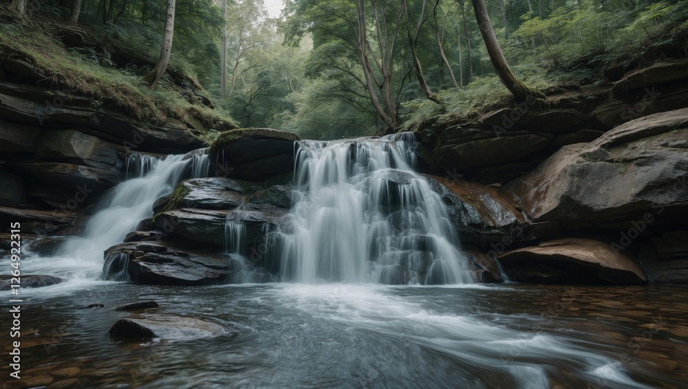 Poster Waterfall cascading over rocks in a forested environment with lush green trees and smooth flowing water Copy Space