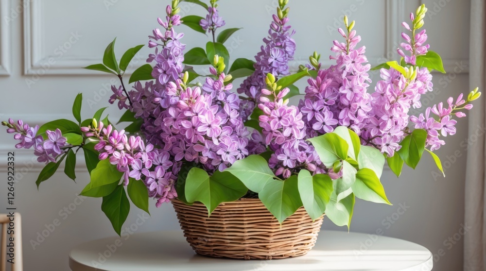 Poster Spring bouquet of lilac flowers in a wicker basket with green leaves on a round table against a light background with copy space