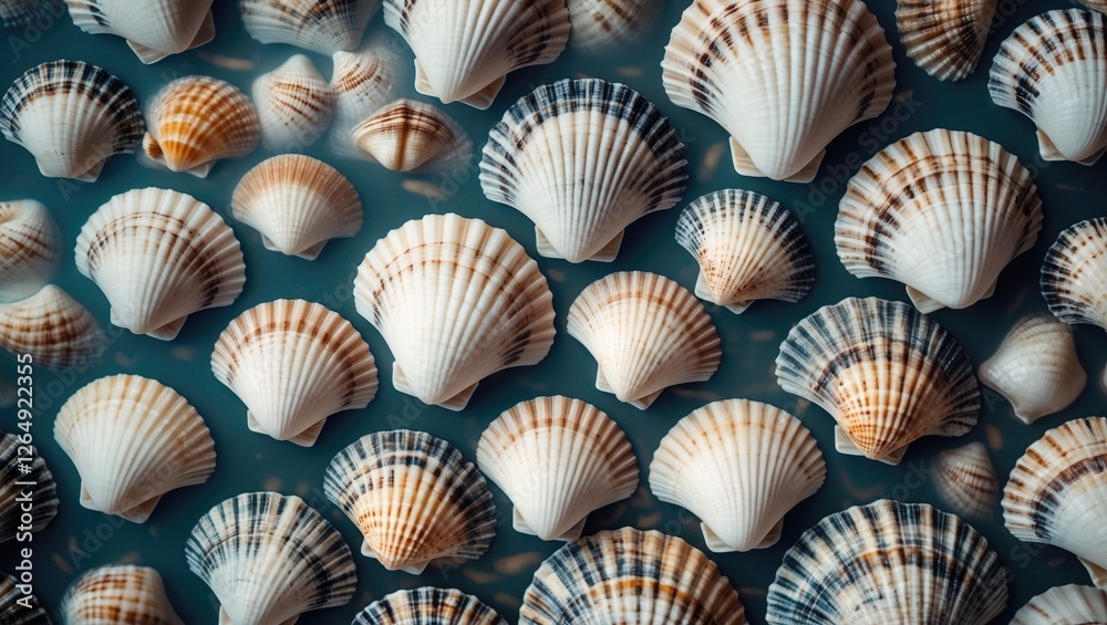 Aufkleber Close-up of assorted seashells arranged on a flat surface with a dark background and ample copy space for text