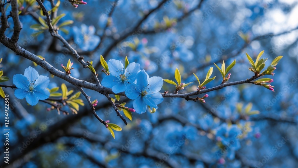 Poster blue flowers and young green leaves on a tree branch with blurred background showing springtime bloo