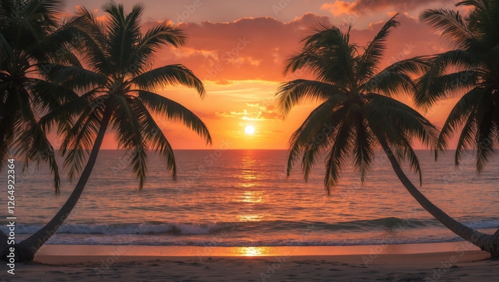 Poster tropical beach at sunset with palm trees silhouetted against the colorful sky and ocean waves in the