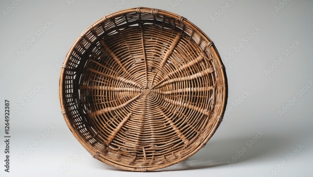 Aufkleber Woven wicker basket with intricate patterns viewed from above on a neutral background with ample copy space