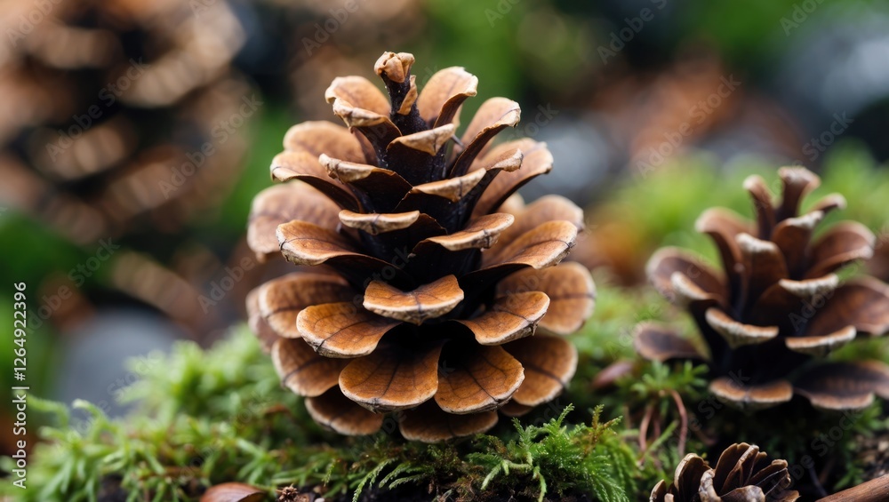 Poster pine cones on mossy forest floor close-up with blurred background and natural colors copy space
