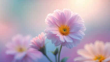 Delicate pink flower with yellow center on soft pastel background with blurred floral details and ample copy space