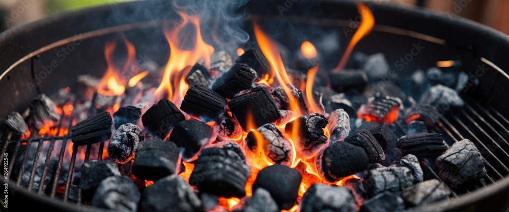 Aufkleber burning charcoal in a barbecue grill with flames and glowing embers creating a lively cooking atmosp