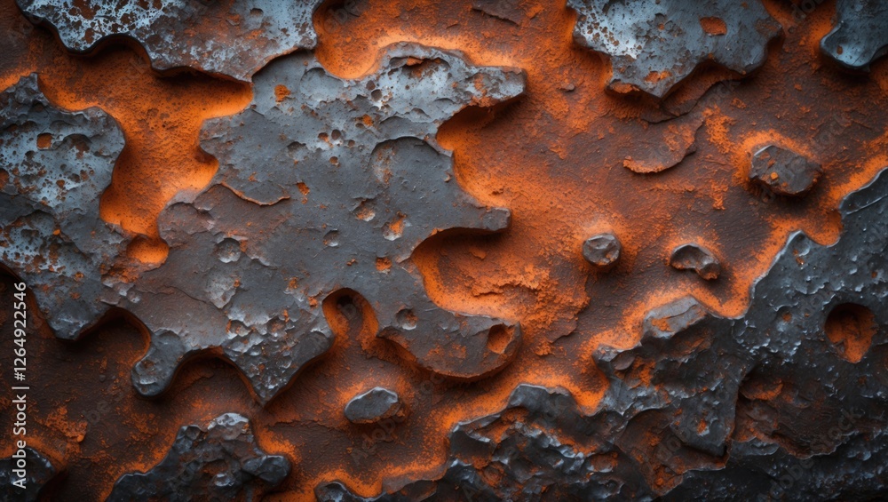 Poster Textured abstract background with dark gray surface and orange highlights resembling rust or corrosion, suitable for various design purposes. Copy Space