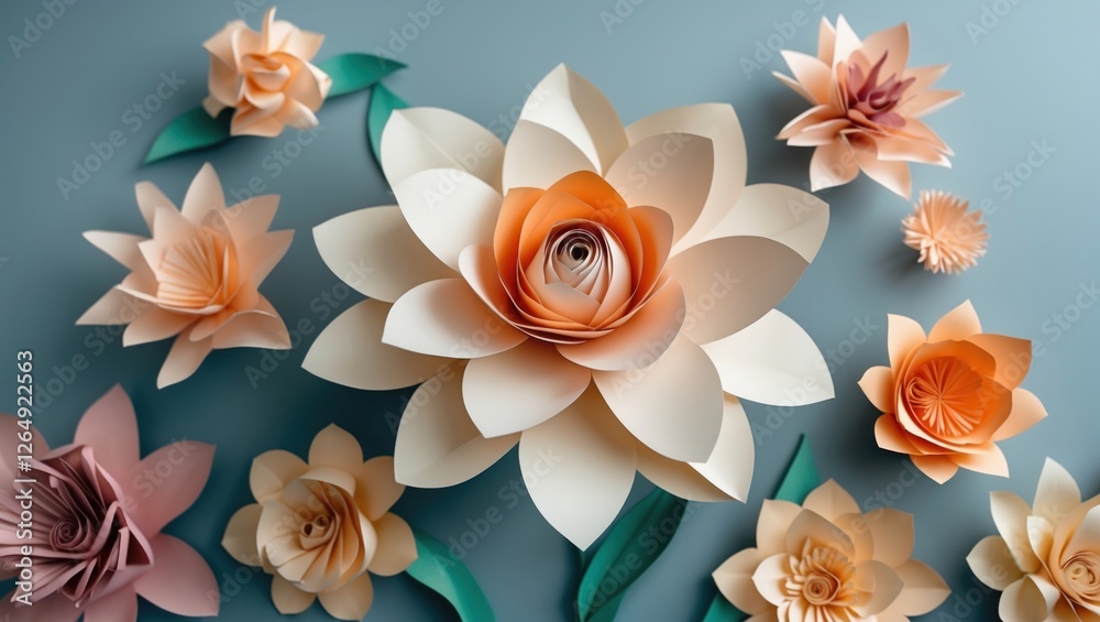 Poster colorful paper flowers arranged artistically on a blue background with various shapes and sizes crea