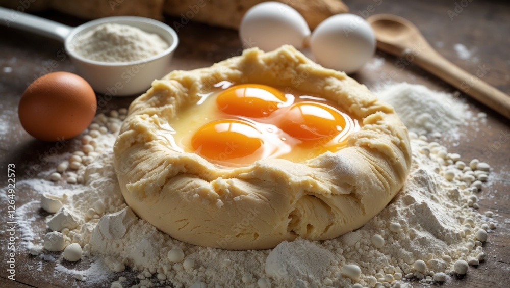 Aufkleber fresh dough with three raw egg yolks surrounded by flour and ingredients on a wooden surface, kitche