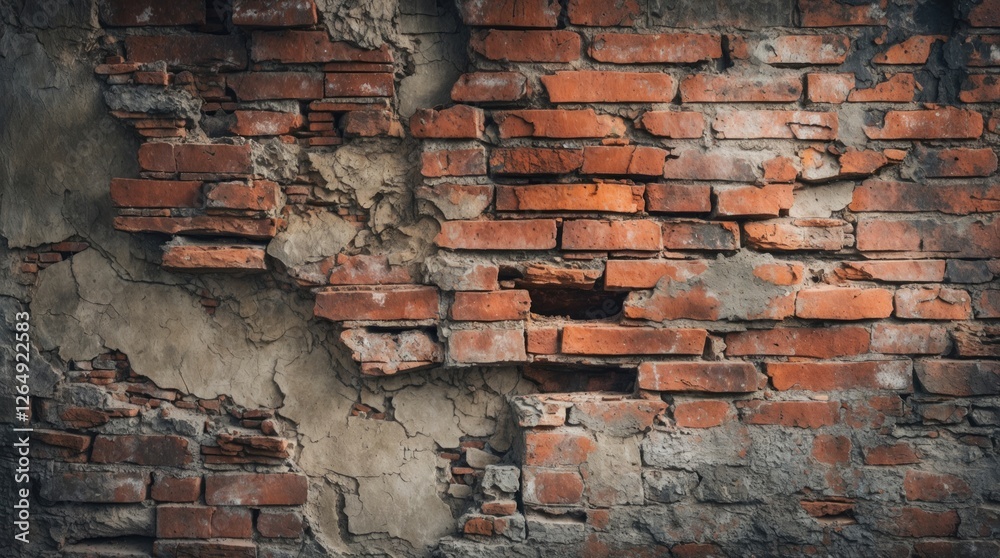 Poster textured brick wall with weathered surfaces and peeling plaster, showing layered bricks and cracks, 