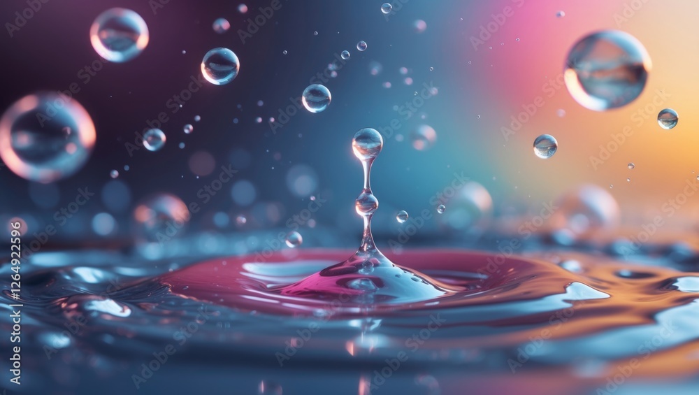 Aufkleber Water droplets creating ripples in a colorful background with a sharp splash in the center and bubble reflections visible Copy Space