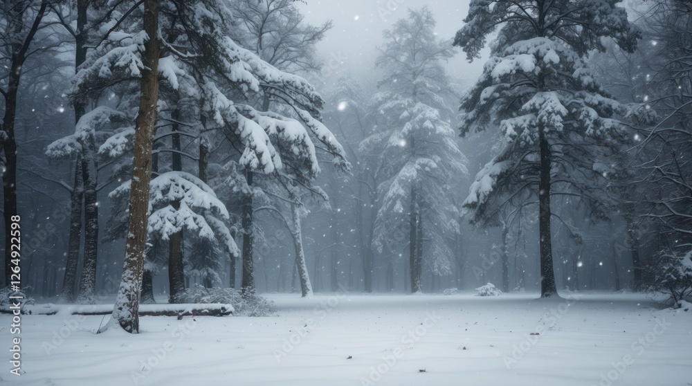 Poster snow covered forest landscape with tall trees during winter snowfall. cold and serene atmosphere wit