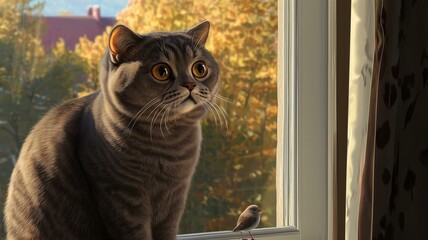 Photorealistic image of a Scottish Fold cat with large, round eyes, sitting by a window and observing birds outside
