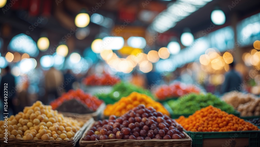 Poster vibrant display of assorted fresh fruits in woven baskets at a bustling market with blurred backgrou