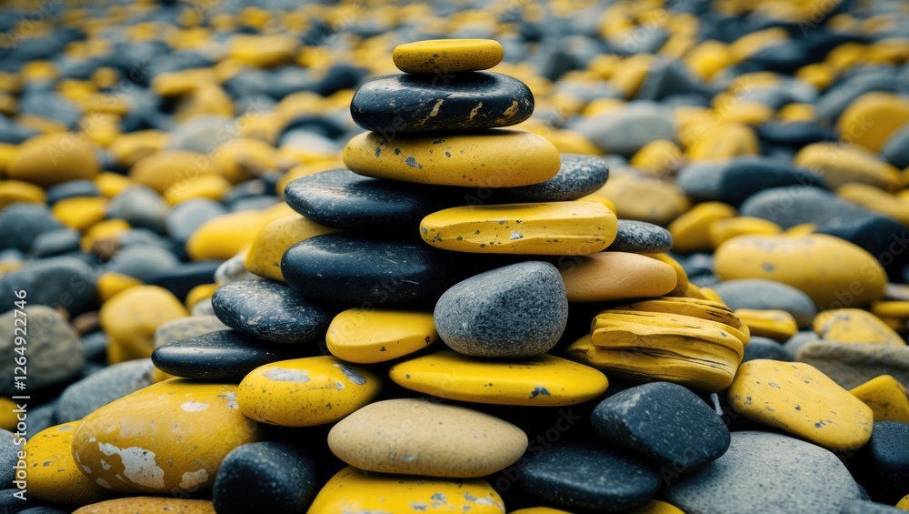 Aufkleber stacked stones in various shades of yellow and gray on a pebbled surface, creating a natural balance
