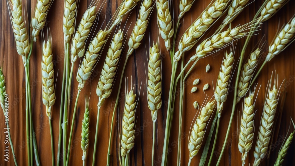 Aufkleber Wheat stalks arranged on wooden surface with scattered seeds and copy space for text use