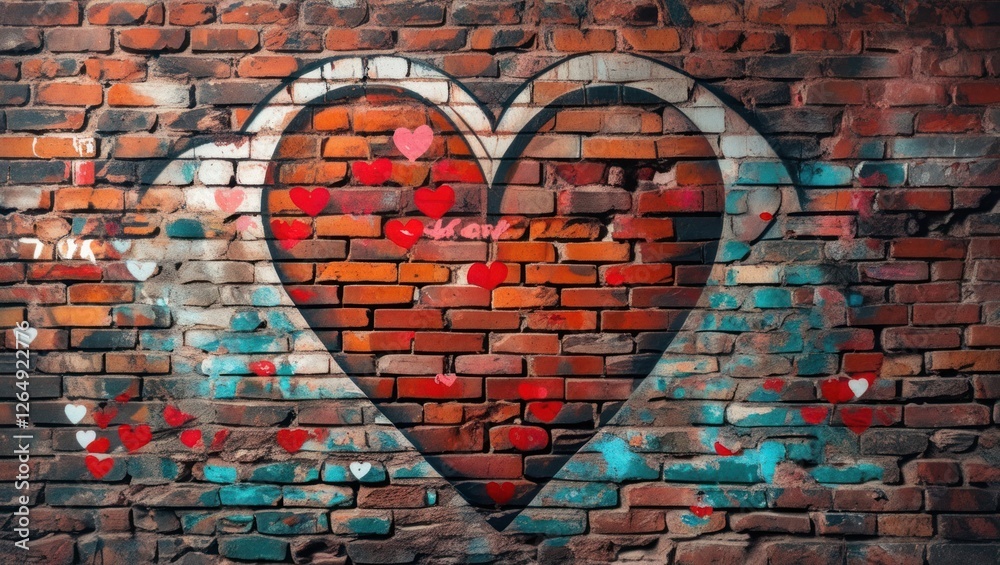 Poster Brick wall with colorful heart graffiti and paint splashes displaying various heart shapes and urban art style with copy space.